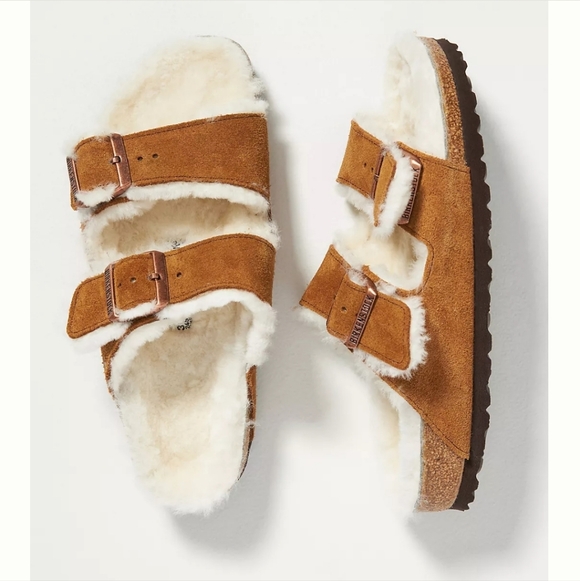 Birkenstock Shoes - Birkenstock Arizona Shearling-Lined Sandals Mink Suede Natural Shearling 41 10 8